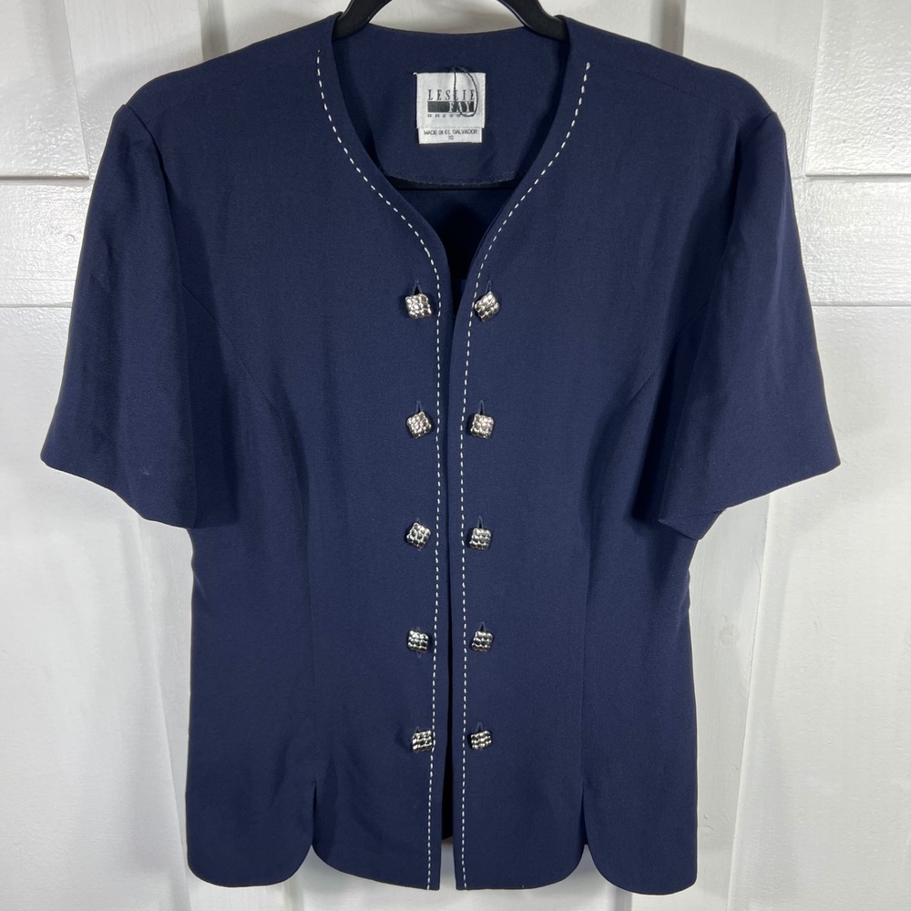 Leslie Fay Navy Blue Short Sleeve Blazer Top V-Neck Contrast Stitch Size 10